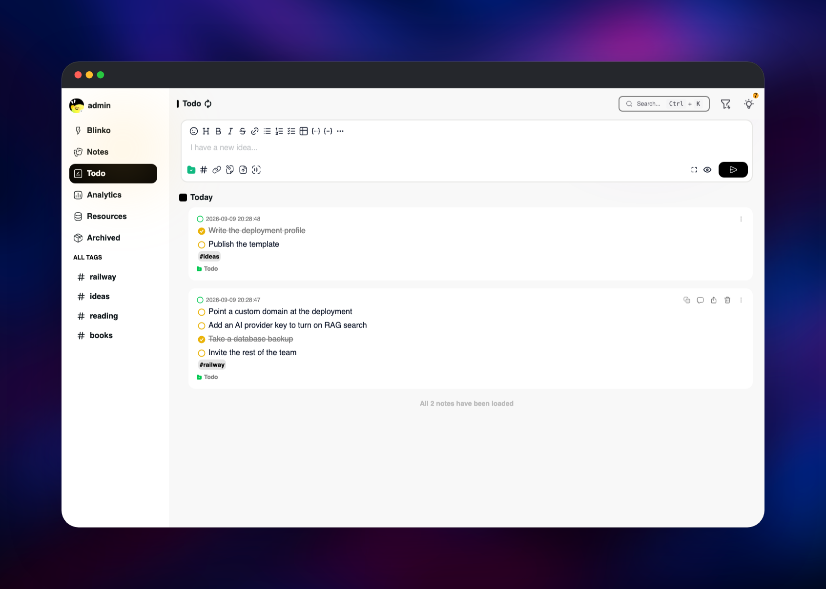 Blinko todo board with checked and unchecked task items