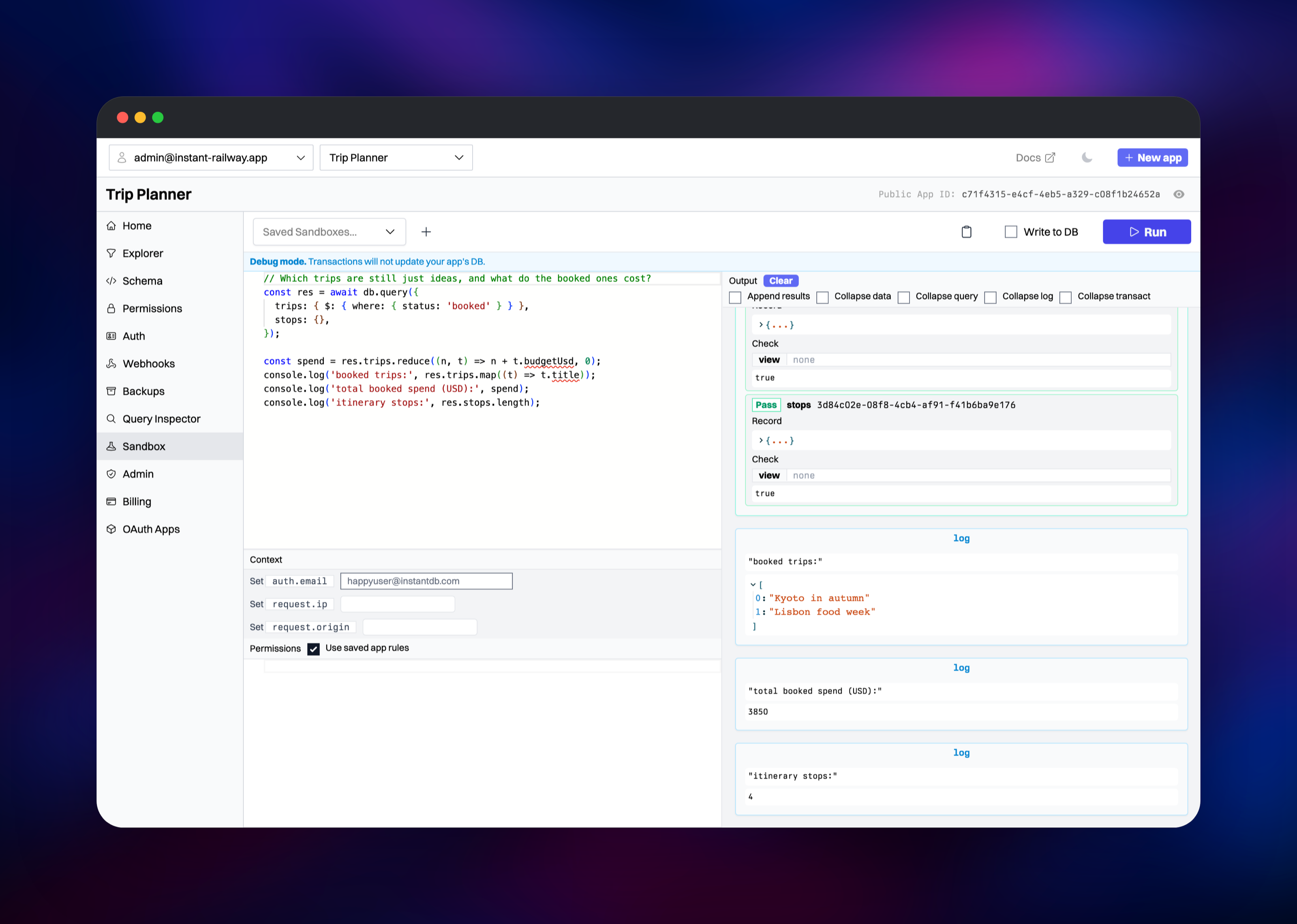 InstantDB Sandbox running a filtered query with permission checks passing
