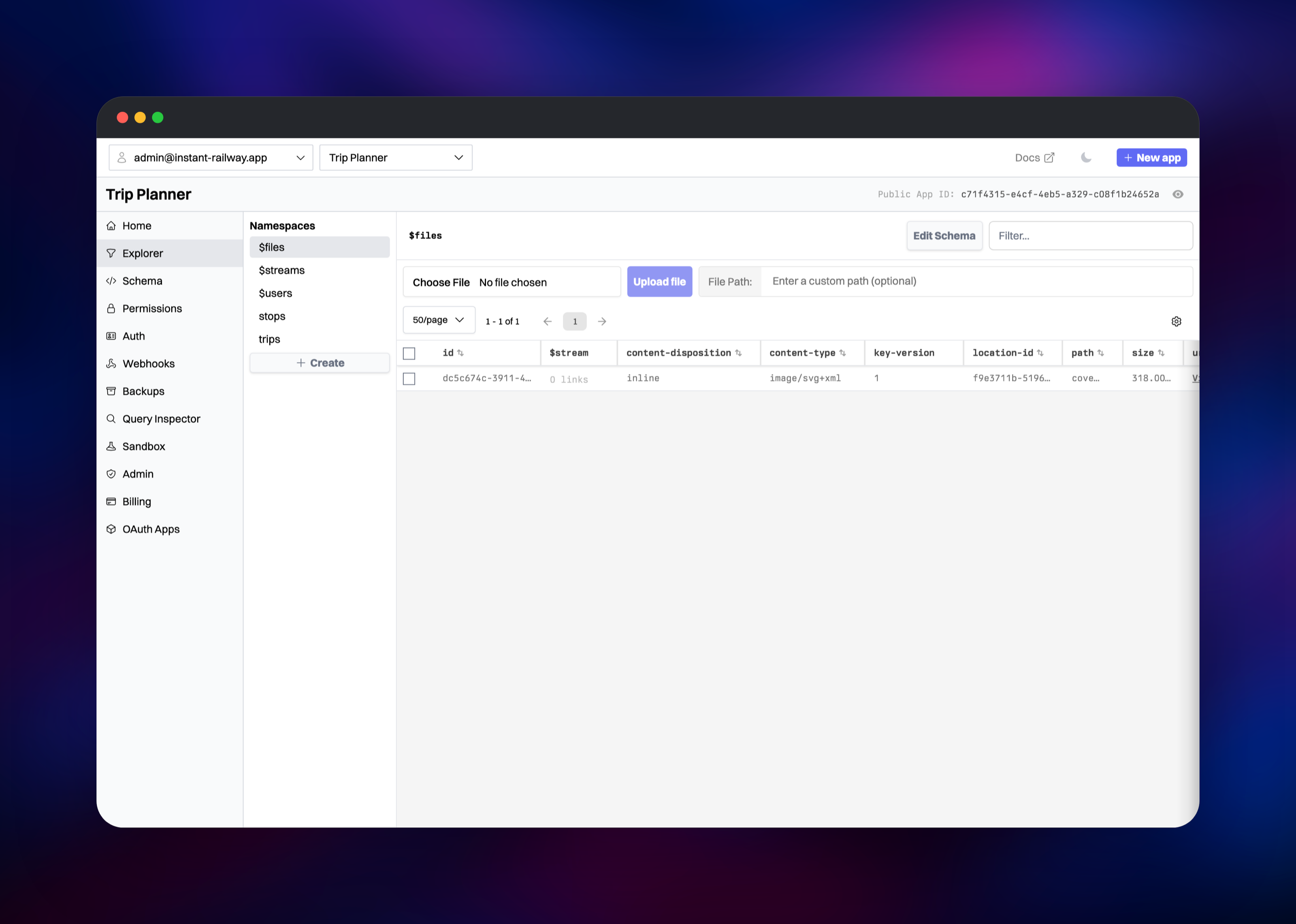 InstantDB Explorer showing an uploaded file in the storage namespace