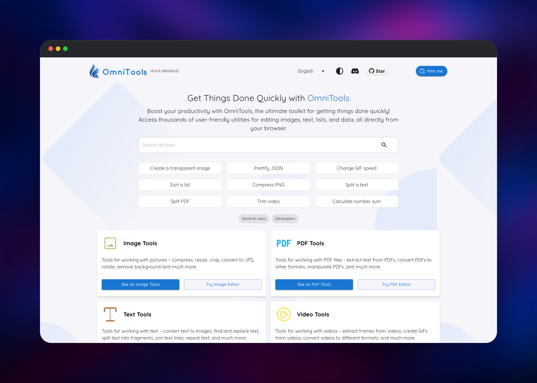 OmniTools home page listing image, PDF, text and video tool categories