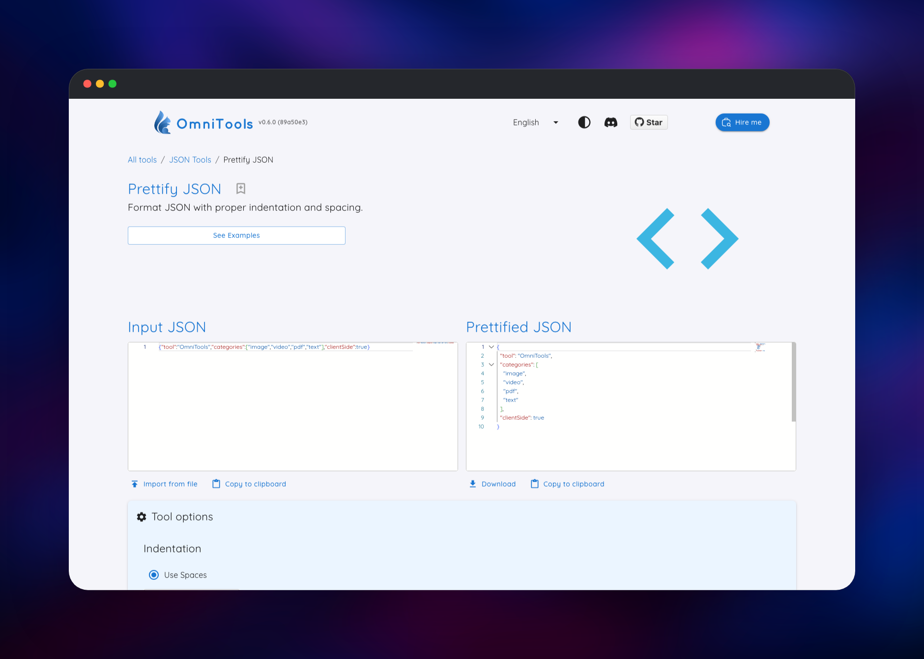 Prettify JSON tool showing raw input beside formatted output