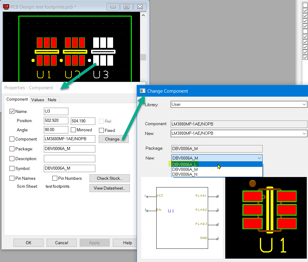 Select the component on the PCB and change the package