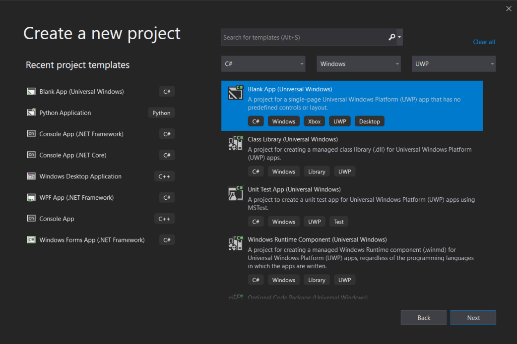 Create a new project screen