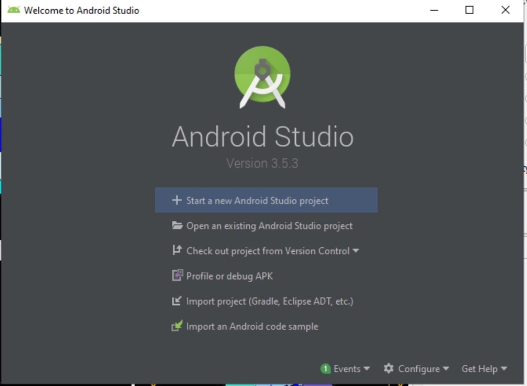 Welcome screen to Android Studio - start a new project
