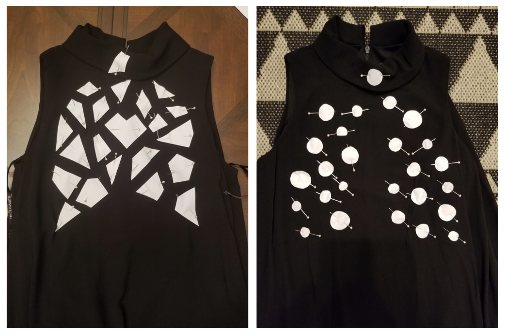 Test patterns pinned to dress