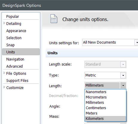 DesignSpark Options - Kilometres