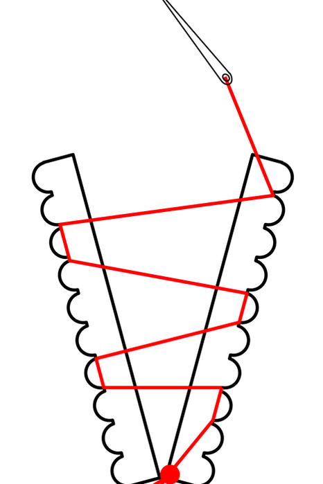 A black and red diagram on a white background, showing two pieces that are separated, but are being pulled together by a simple ladder stitch.