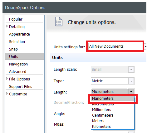 DesignSpark Options - Nanometers