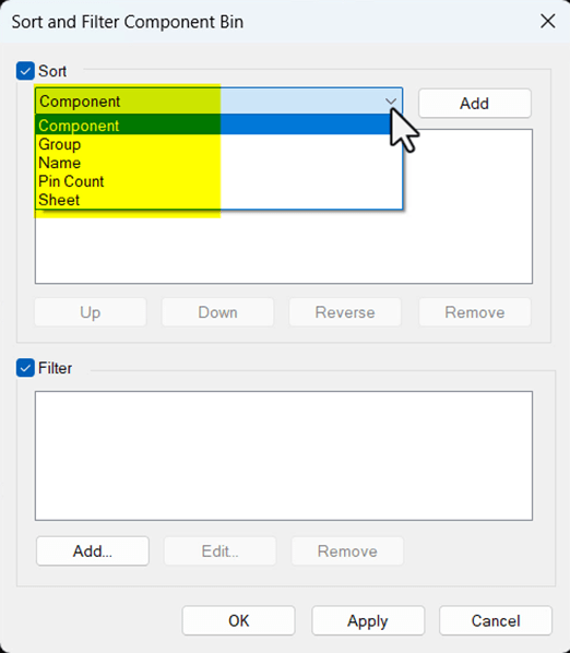 Sort and Filter Component Bin
