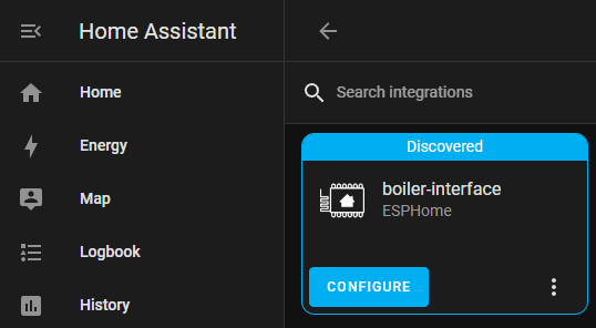 Home Assistant Showing Boiler Interface