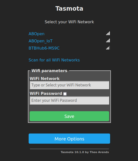 Tasmota - Wi-Fi Selection screen