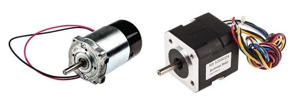 Small cylindrical DC motor beside a square stepper motor with connecting leads.
