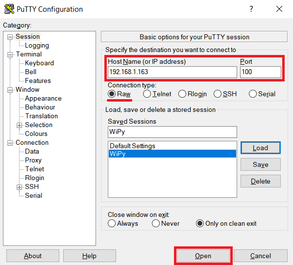 PuTTY Configuration screen