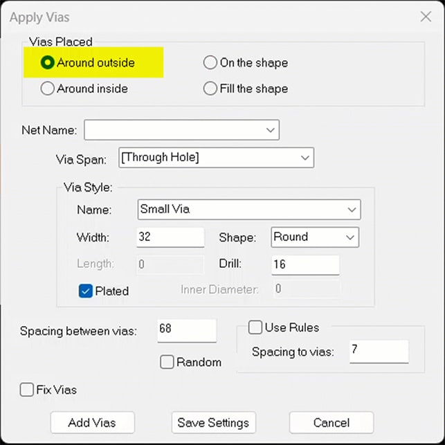 Vias placed around outside - through hole span