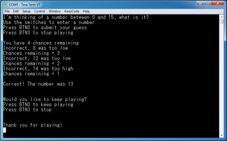 Guessing game terminal emulator screen