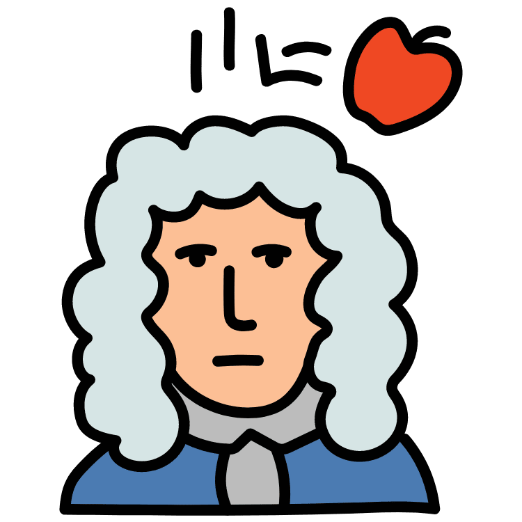 Graphic image of Isaac Newton with apple falling on his head