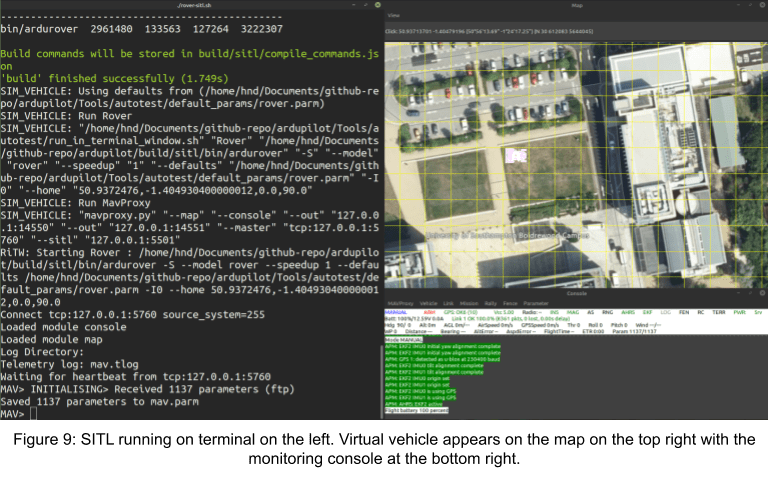 SITL running on terminal and virtual vehicle on the map with monitoring console