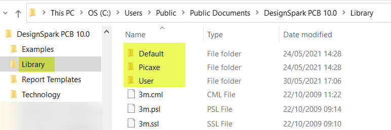 Sub-folders within the Library folder of DesignSpark PCB 10.0