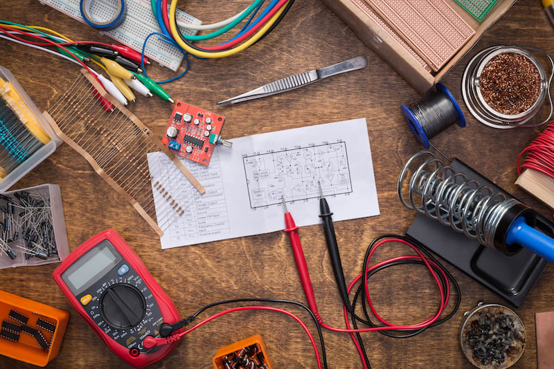 Circuit on table with tools and components