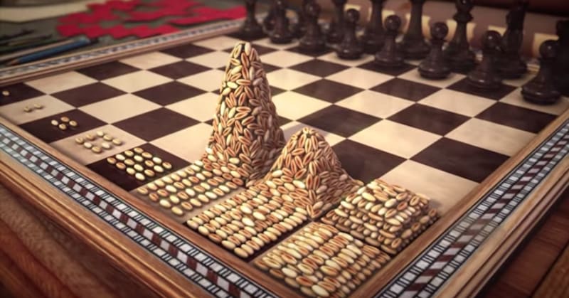 Chess board with rice grains