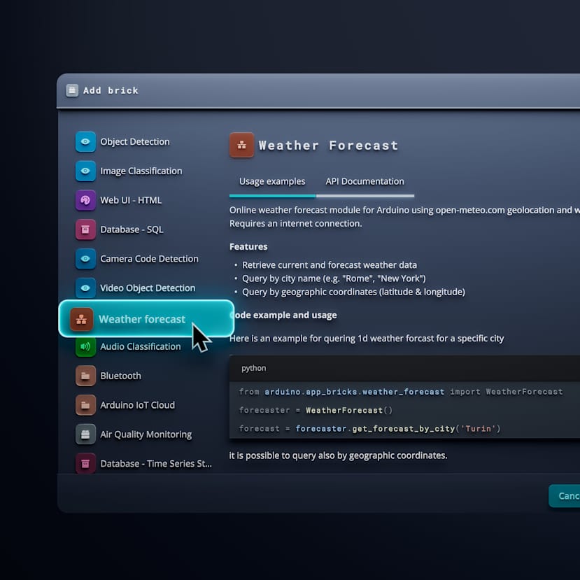 Visual representation of Arduino App Lab Bricks for AI, web, and data services.