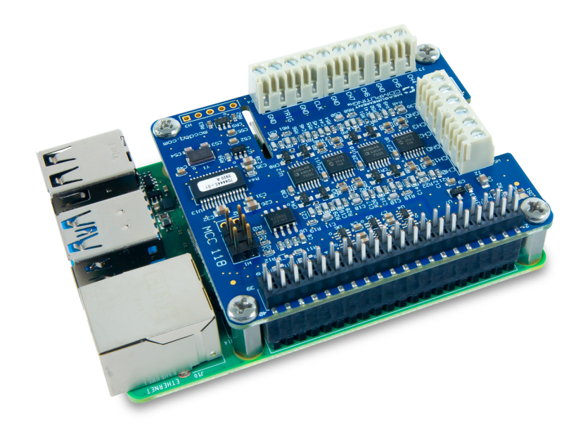 MCC 118 DAQ HAT connected to Raspberry Pi