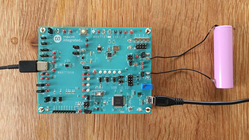 Evaluation board connected to the battery