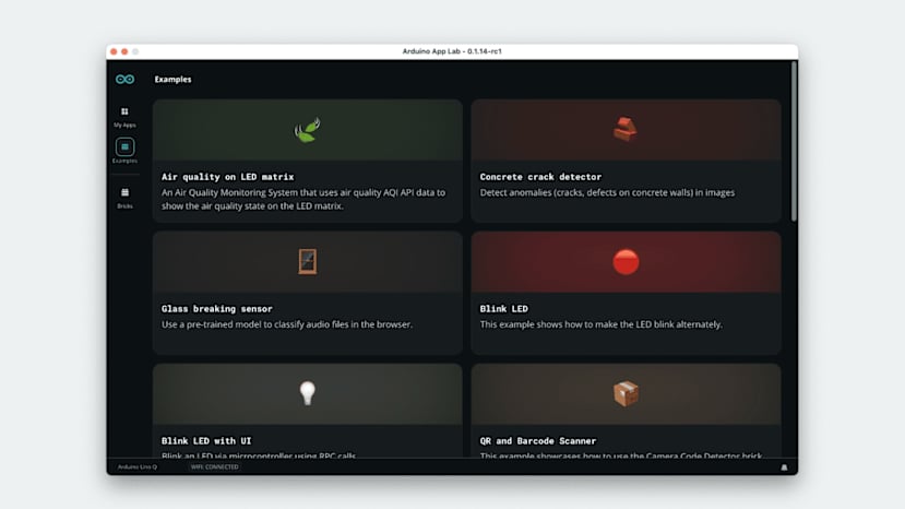 Arduino App Lab editor showing example apps in Arduino App Lab.