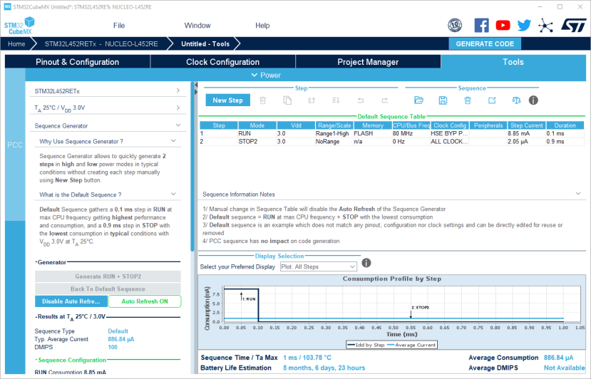 Included within STM32CubeMX is a microcontroller power consumption estimator