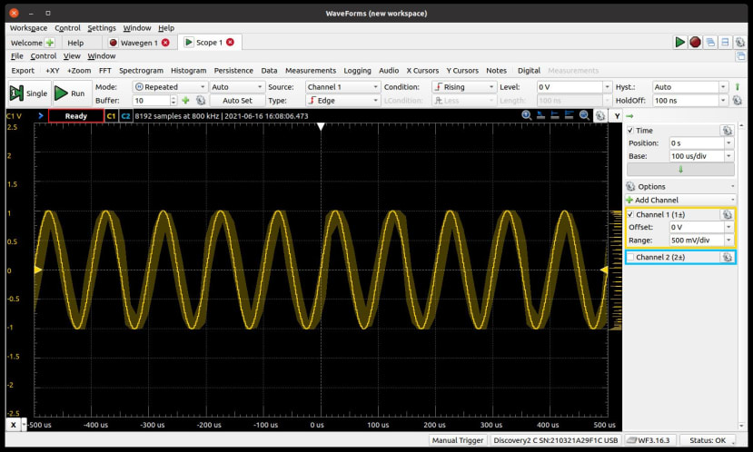 Analog Discover 2 - Waveforms Software - showing a sine wave with harmonics