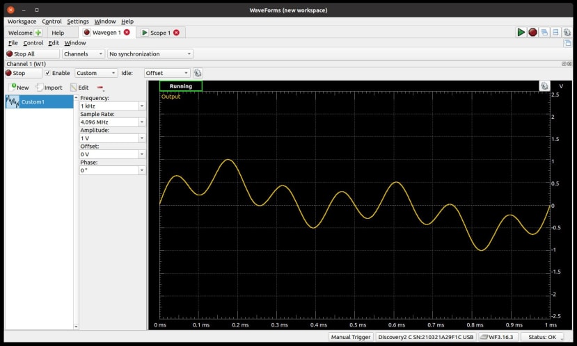 Analog Discover 2 - Waveforms Software - outputting sine wave with distortion added