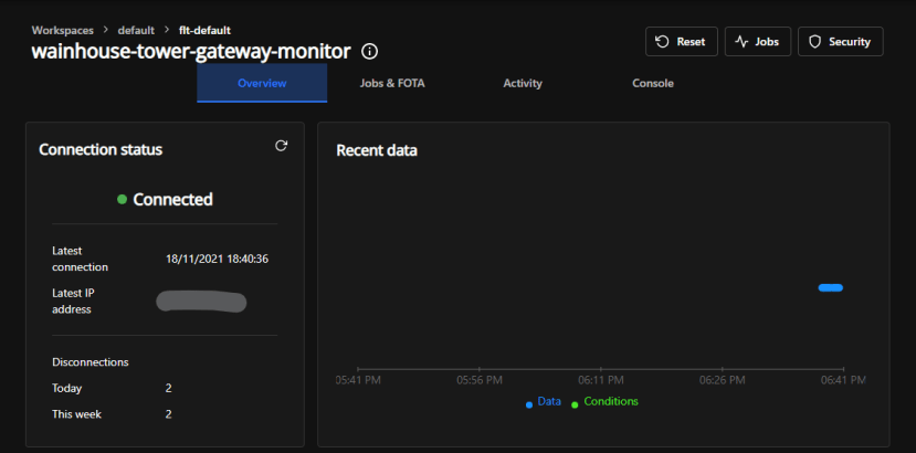 screen showing device had successfully connected and was sending data