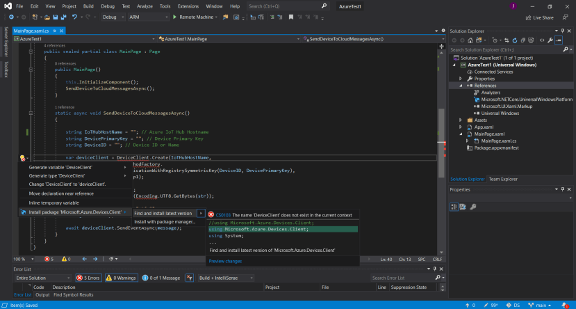 Visual Studio - Enter device credentials