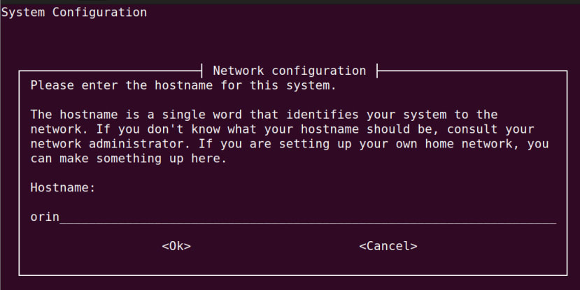 System configuration screen - hostname setup