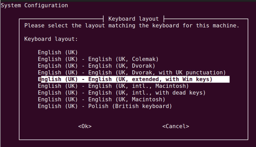 System configuration screen - Selecting Keyboard Country