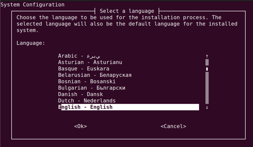 System configuration screen - selecting English