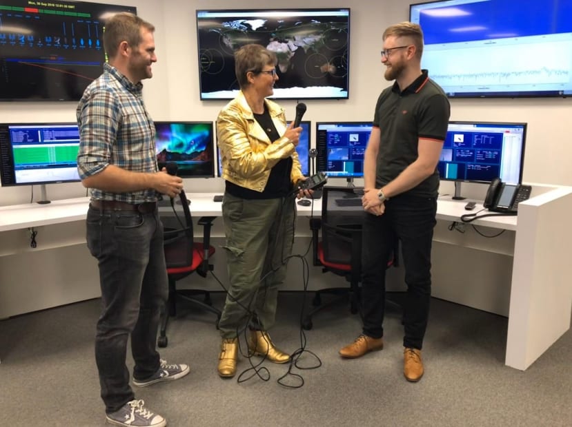 Left to Right  Dr Peter Nisbet-Jones, Prof Lucy Rogers and Dr Chris Bridges in the Ground Station at Surrey Space Centre.