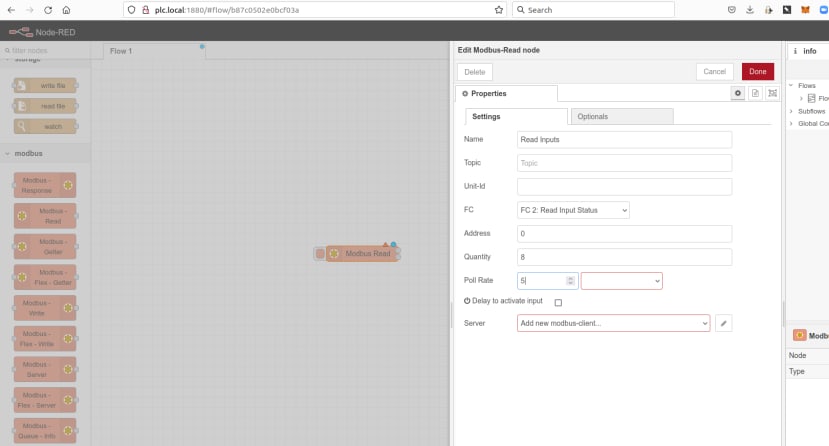 Reading inputs from Modbus node