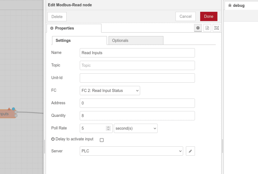 Modbus Read node settings