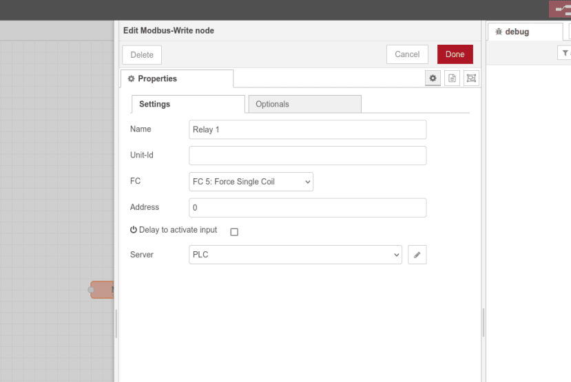 Modbus writting node