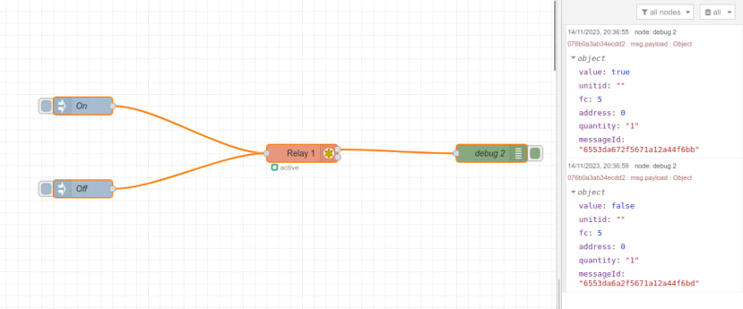 Connecting output of Modbus to another debug node