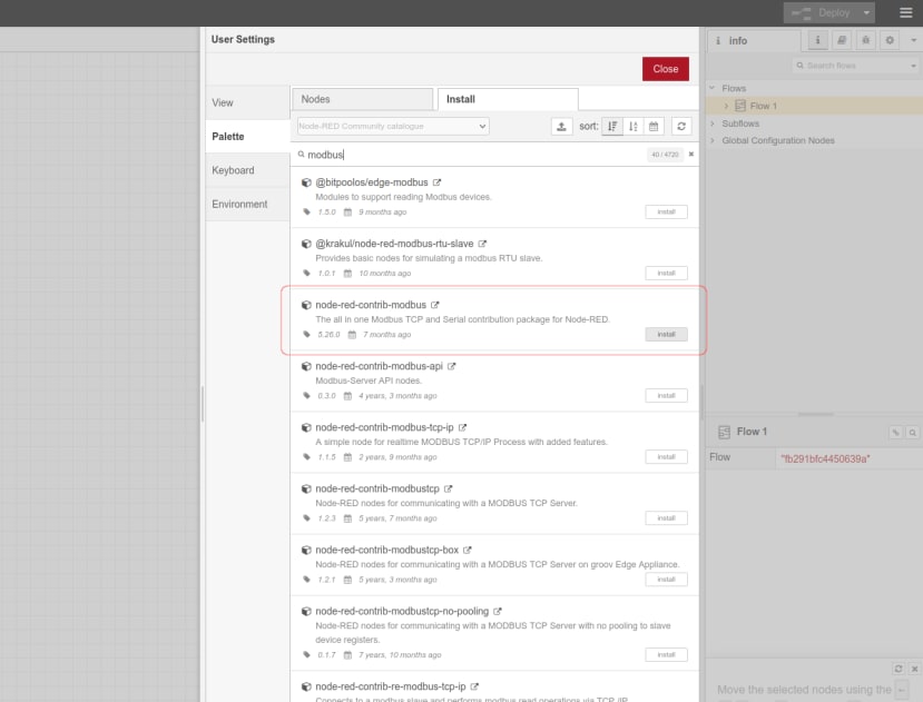 Node-RED Palette settings