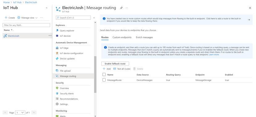 IoT hub and Azure portal - configure your routing for any incoming messages