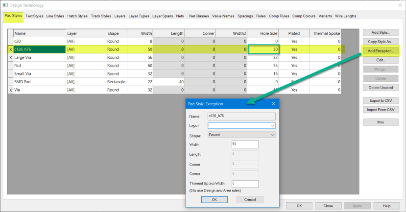 Pin Grid Array socket example - click <Add Exception> to customise