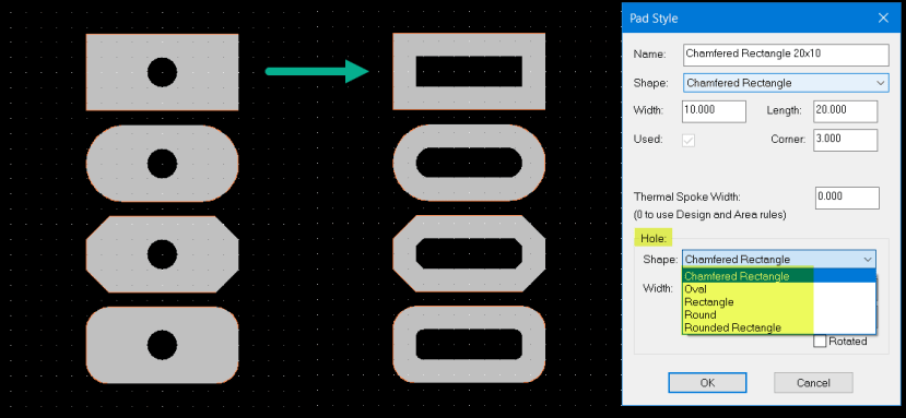 Select hole shape from pull-down option