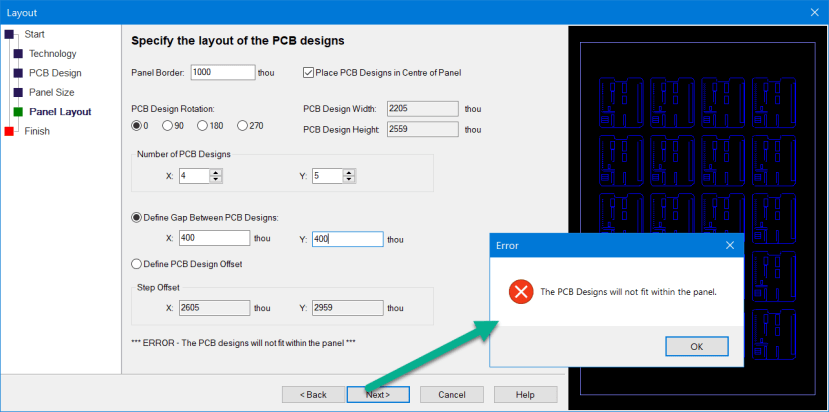 Message showing specifications do not match the Panel size.