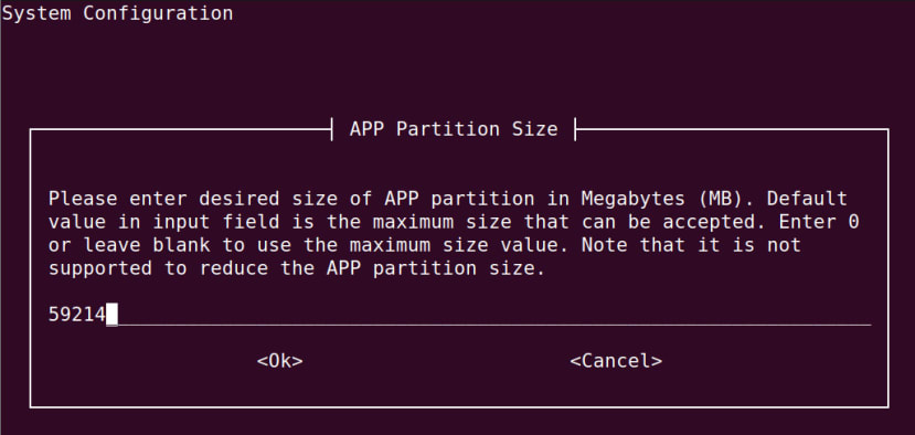 System configuration screen - Partition Size