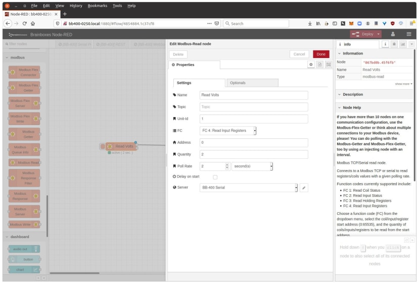 Node-RED - simple flow for a Modbus Read type