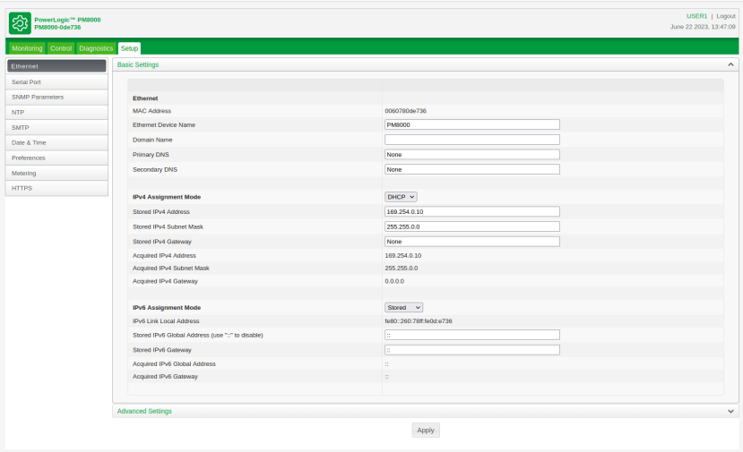 Ethernet setup page