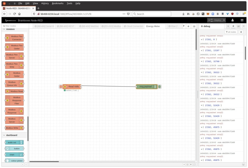 Modbus Read node has been connected to a debug node